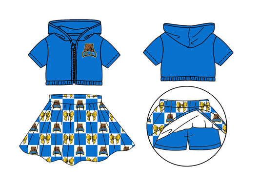 ( Moq 5 Each Style ) Baby Girls Kids Short Sleeves Hoodie Zipper Tops Bear Bows Plaid Shorts Skirt Team Set