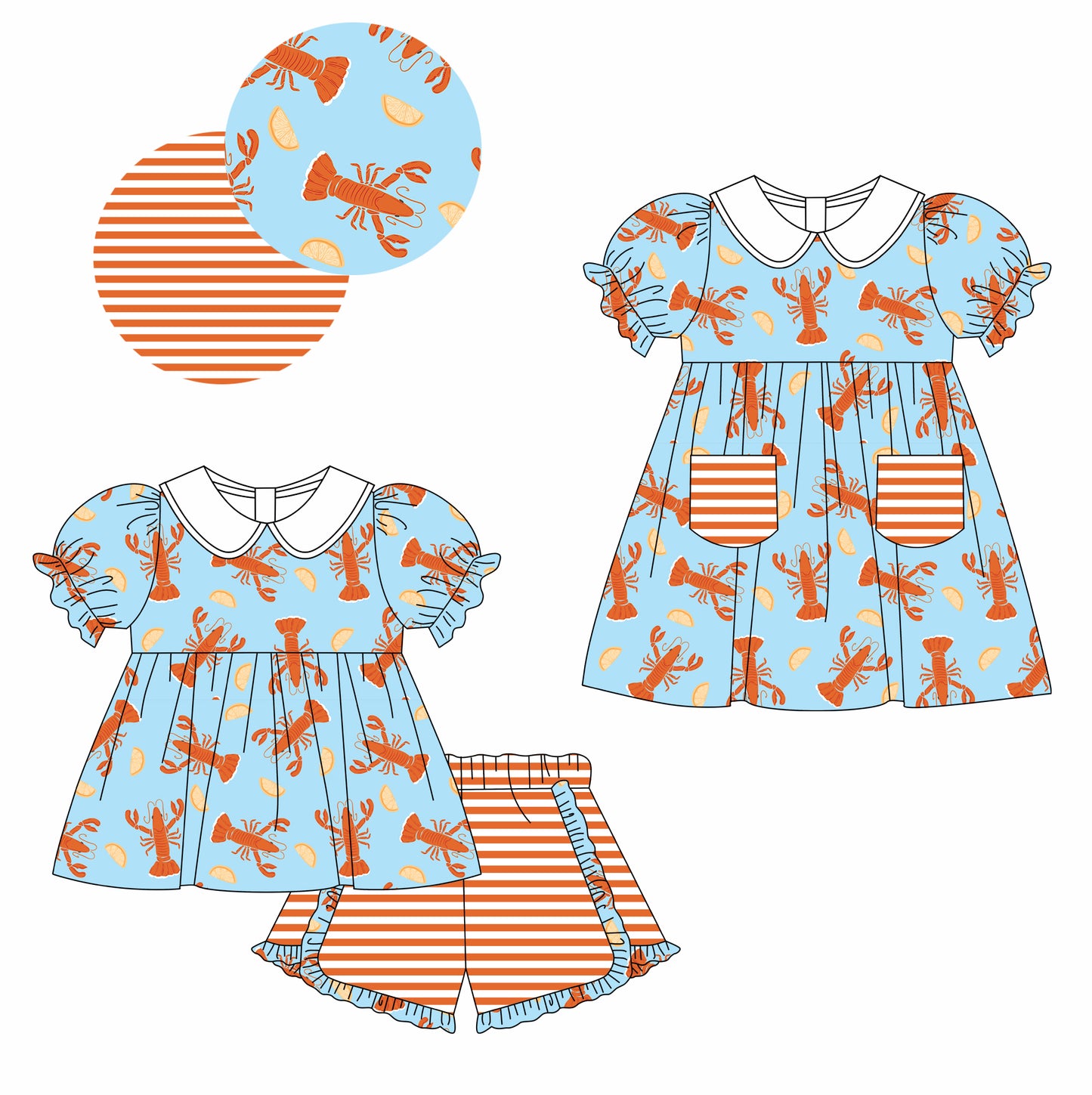 Baby Girl Short Sleeves Crawfish Stripes Sibling Dress Clothes Set ( Moq 5 Each Design ) 12.3