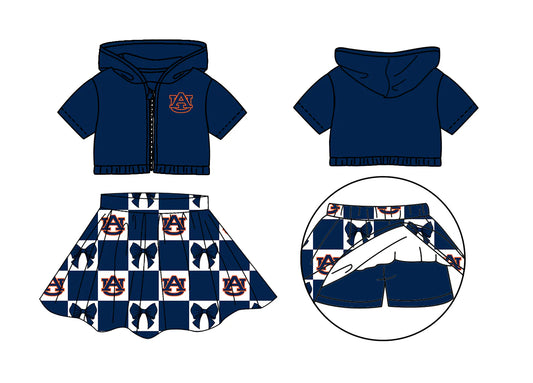 ( Moq 5 Each Style ) Baby Girls Kids Toddler Short Sleeves AU Hoodie Zipper Tops Bows Shorts Skirt Team Set