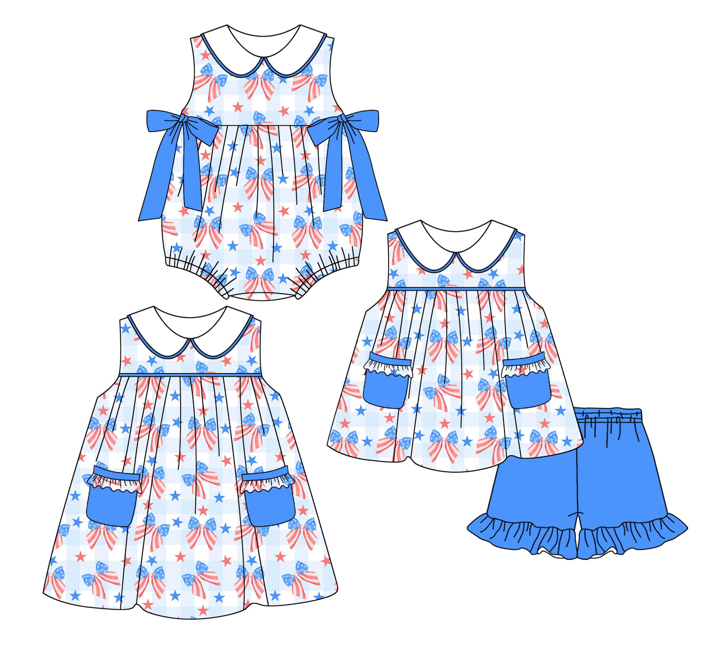 Baby Girl July 4th Stars Stripes Bows Sibling Romper Dress Set ( Moq 5 Each Style ) 2.26