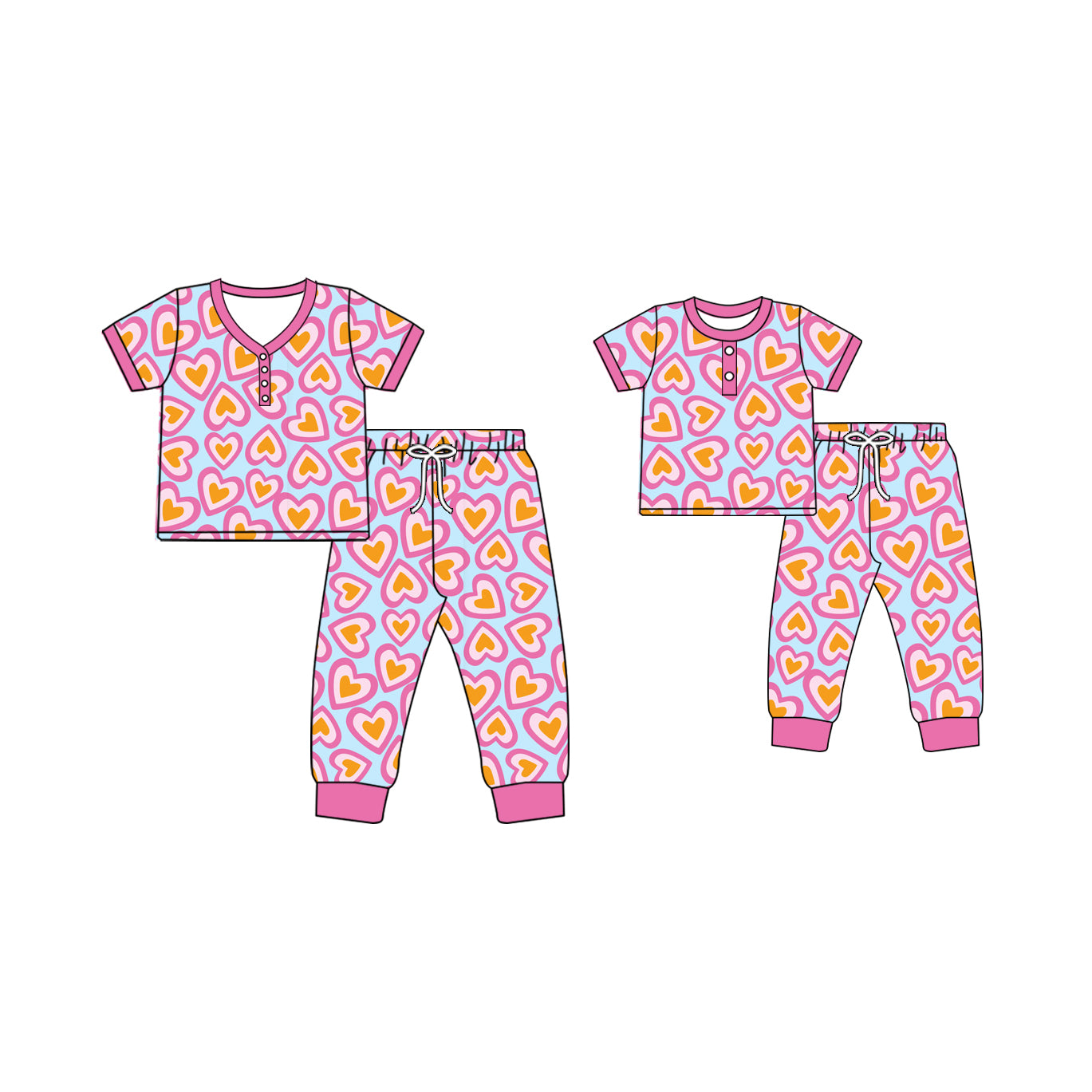 Baby Kids Toddler Toddler Adult Short Sleeves Hearts Pants Sibling Family Pajamas Set ( Moq 5 Each Style ) 12.2