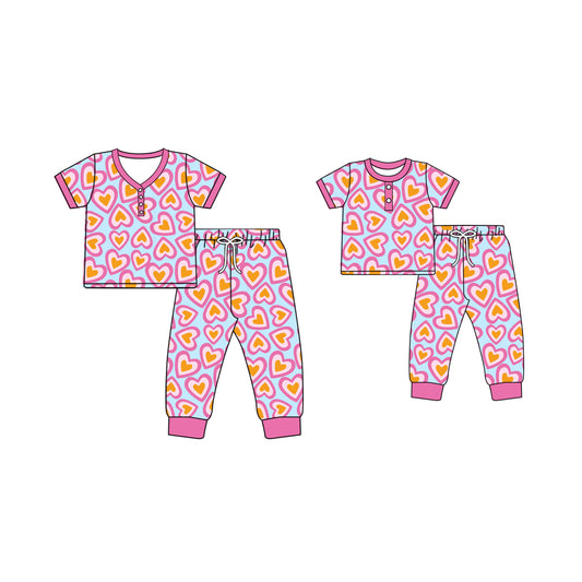 Baby Kids Toddler Toddler Adult Short Sleeves Hearts Pants Sibling Family Pajamas Set ( Moq 5 Each Style ) 12.2