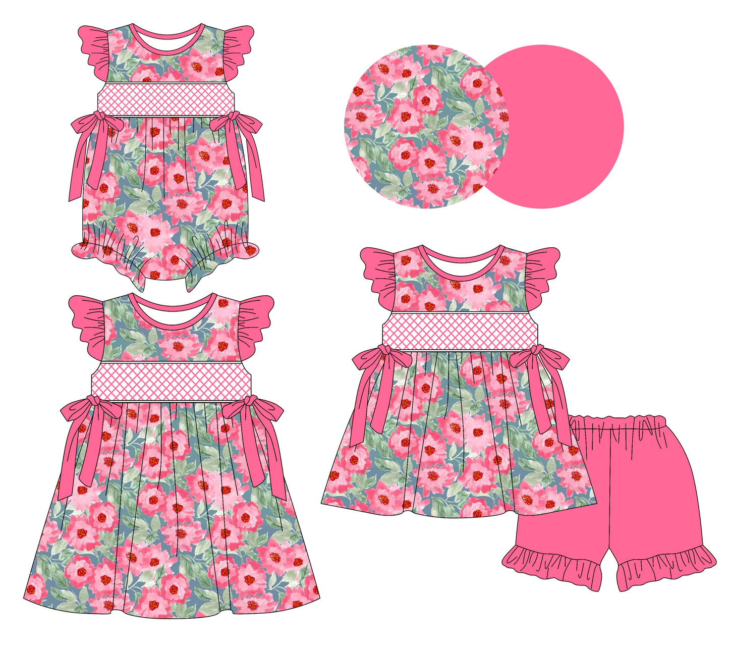 Baby Girl Short Sleeves Flower Bows Sibling Romper Dress Set ( Moq 5 Each Style ) 3.10