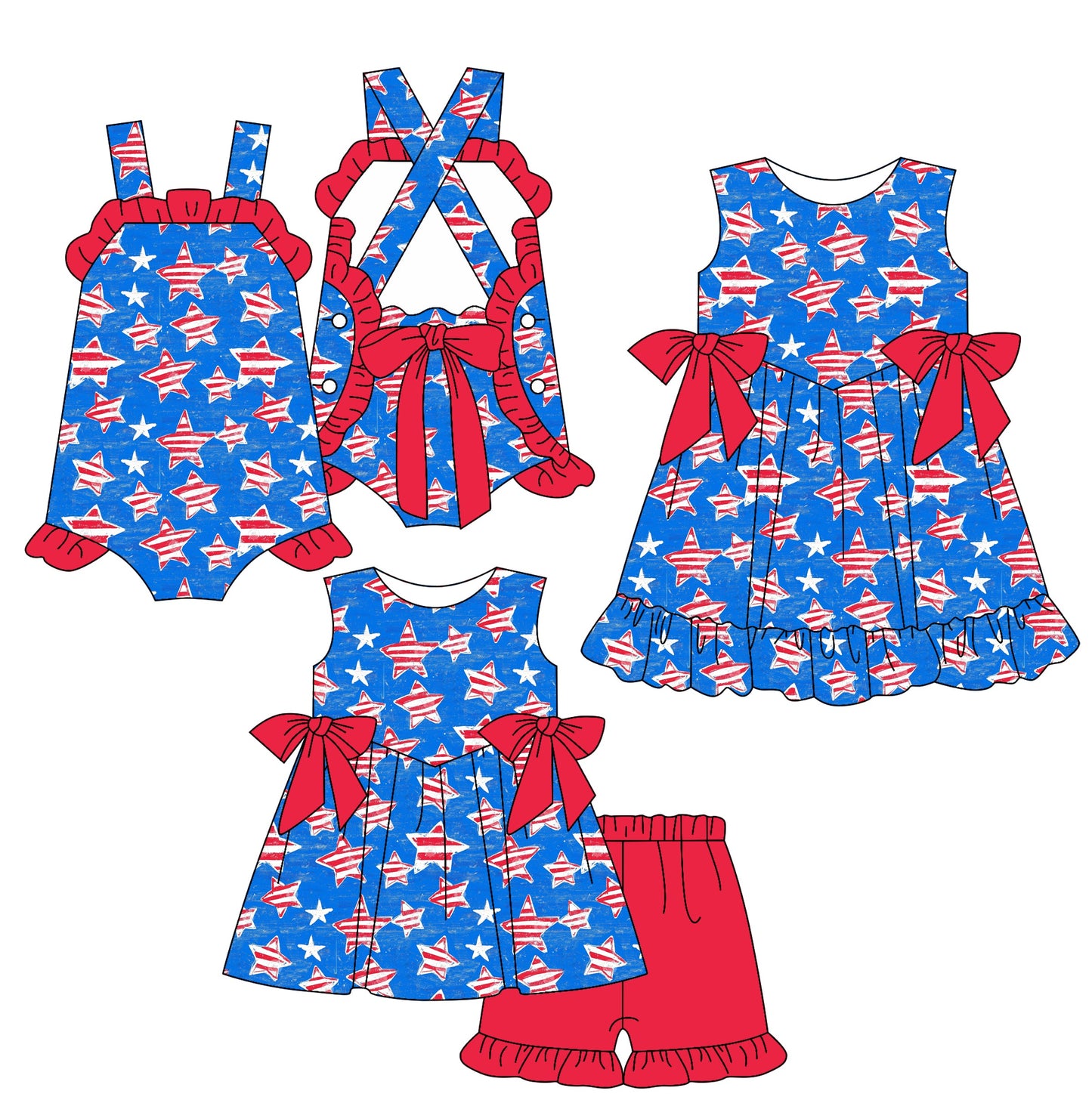 Baby Girl July 4th Starts Blue Sibling Romper Dress Set ( Moq 5 Each Style ) 2.13