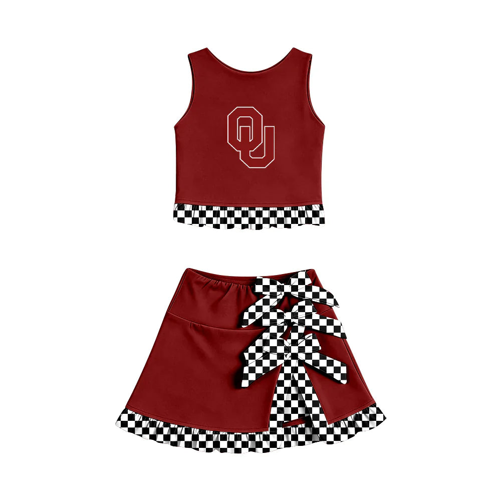 ( Moq 5 ) Sibling Baby Girls Kids Sleeveless Cheer OU Vest Checked Bows Skirt Shorts Team Set Clothes