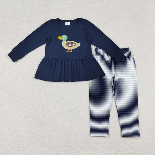 Baby Girl Toddler Long Sleeves Embroidery Duck Navy Tunic Stripes Leggings Pants Set RTS