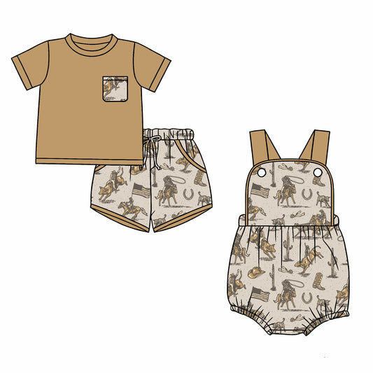 ( Moq 5 Each Style ) Sibling Baby Boys Kids Shirt Pockets Shorts Western Set Romper