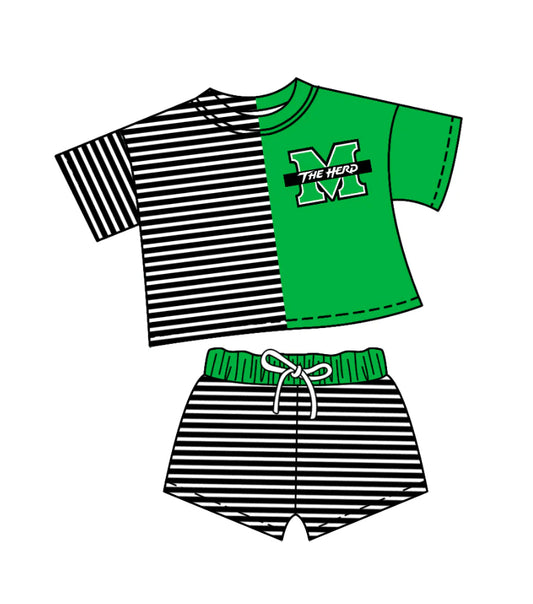 ( Moq 5 ) Baby Girls Short Sleeves Stripes Green Shirt Shorts M Team Clothes Set