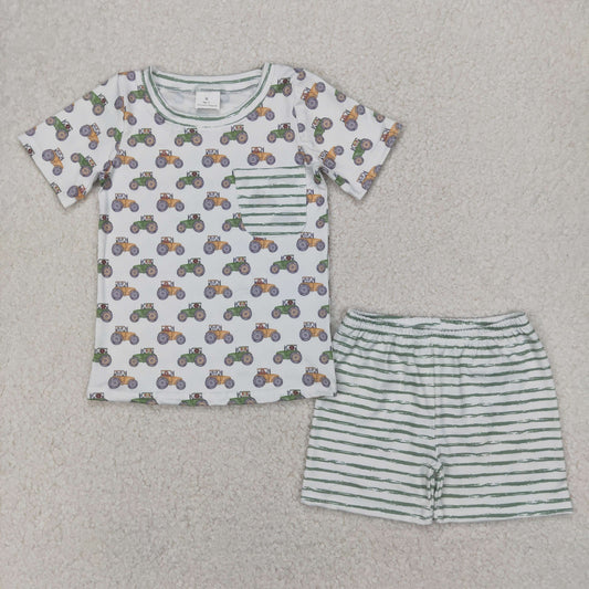 Baby Boy Short Sleeves Farm Tractors Pocket Shirt Shorts Clothes Set RTS