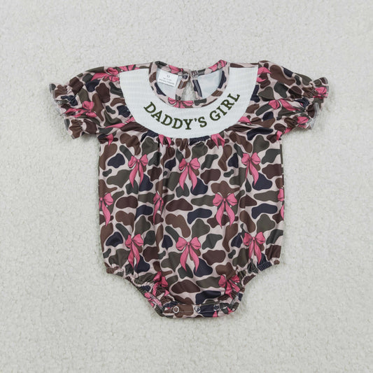 Baby Infant Kids Camo Bows Embroidery Smocked Daddy's Girl Bubble Romper RTS