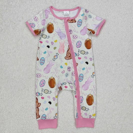 Baby Girl Infant Short Sleeves Easter Rabbits Zipper Pink Romper RTS