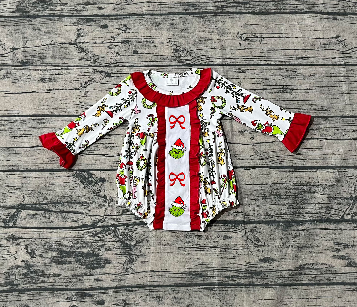 ( No moq ) Preorder Girls Kids Embroidery Green Face Bows Ruffle Christmas Bubble Romper