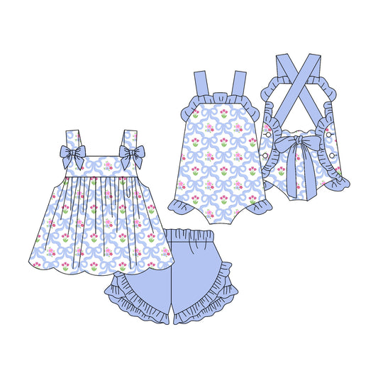 ( Moq 5 Each Style ) Sibling Baby Girls Kids Blue Bows Flower Romper Set Summer Clothes