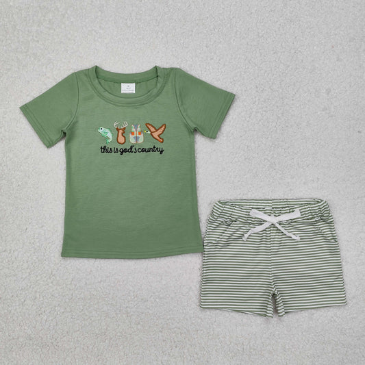 Baby Boy Short Sleeves God Country Embroidery Shirt Stripes Pocket Shorts Clothes Hunting Set