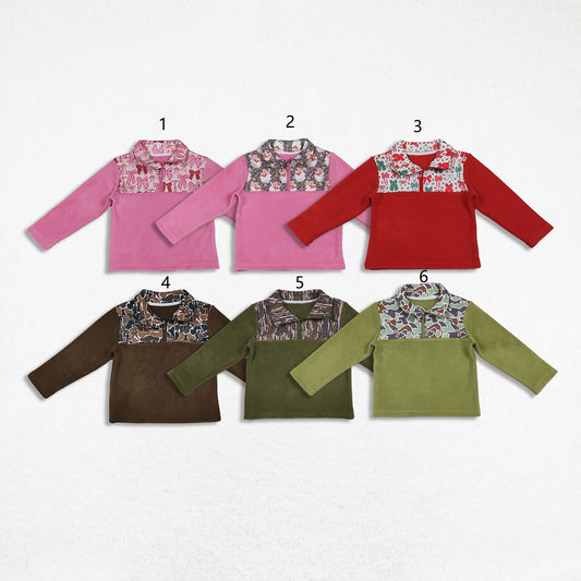 Sibling Baby Boys Girls Long Sleeves Camo Christmas Bows Santa Print Zipper Fleece Pullover Shirts Tops RTS