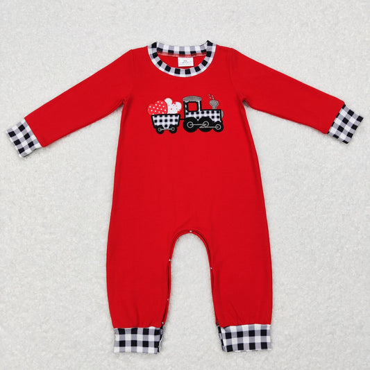 LR0783 Baby Boy Long Sleeves Valentines Embroidery Hearts Tractors Red Cotton One Piece Romper
