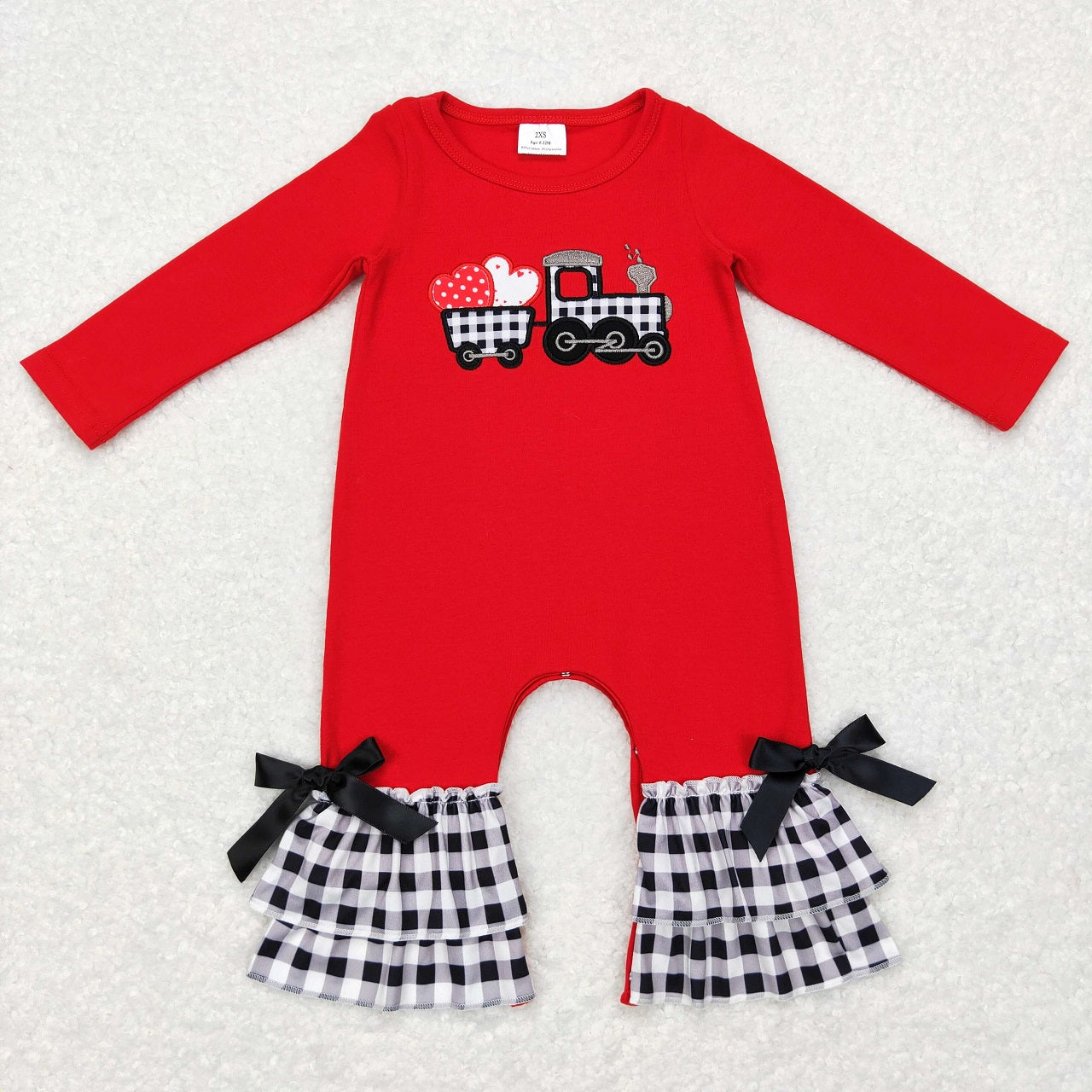 LR0780 Baby Girl Long Sleeves Valentines Embroidery Hearts Tractors Red Cotton One Piece Romper 的副本