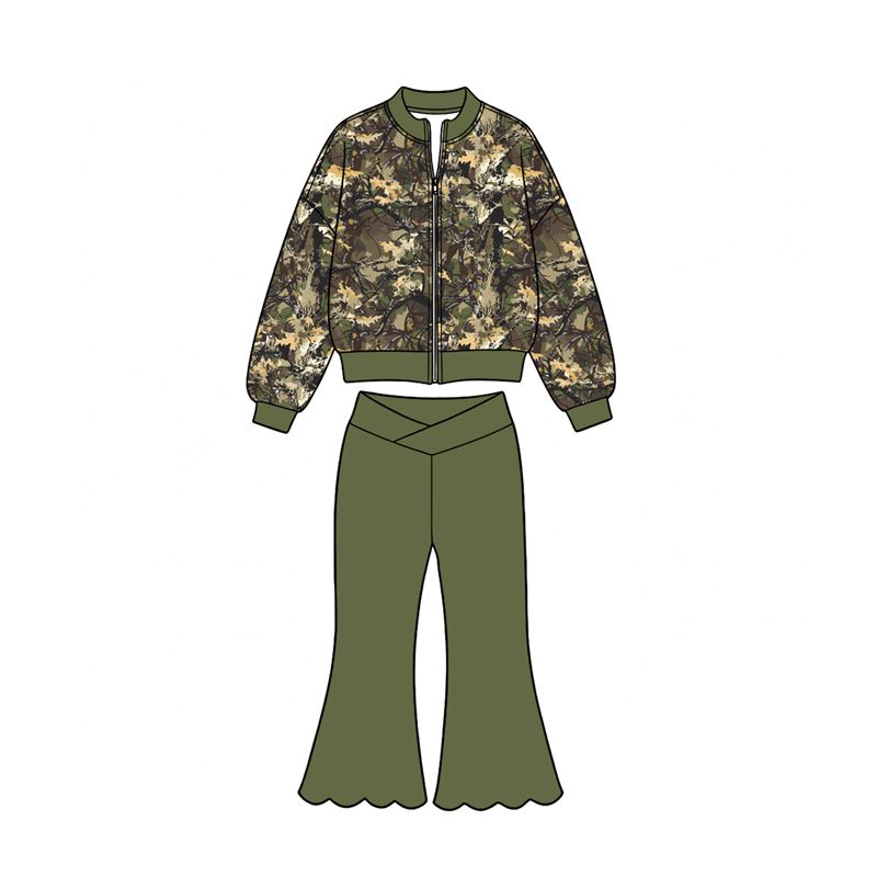 ( Moq 5 ) Preorder Baby Girls Kids Camo Long Sleeves Zipper Tops Green Scallop Pants Set Yoga Active Clothes