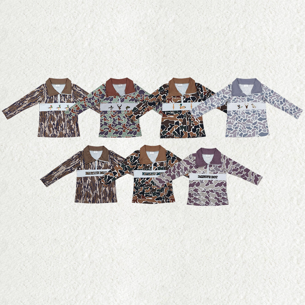 Baby Boy Long Sleeves Embroidery Camo Zipper Sibling Pullover Shirt Tops RTS