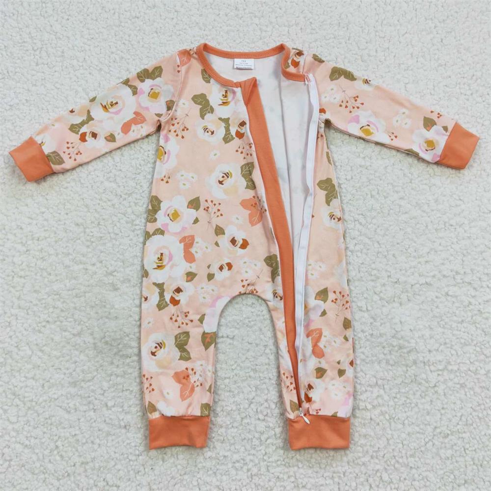 LR0476 Baby Girl Long Sleeves Zipper Floral One Piece Romper