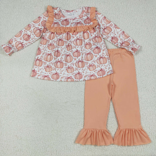 Baby Girl Long Sleeves Bows Pumpkins Tunic Orange Ruffle Pants Fall Set RTS