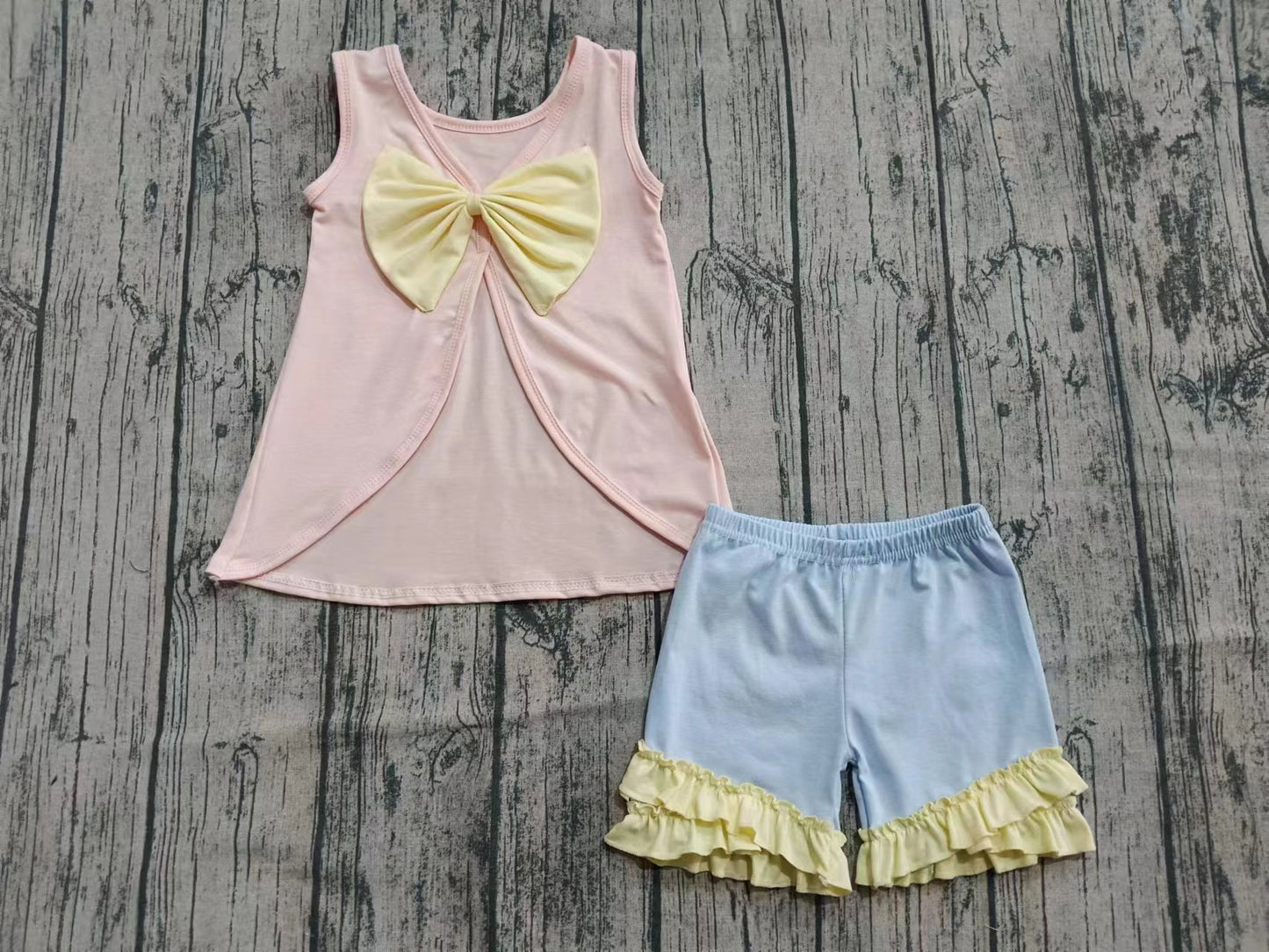( Moq 5 ) Baby Girl Sleeveless Cotton Bow Tunic Pink Ruffle Shorts Summer Set