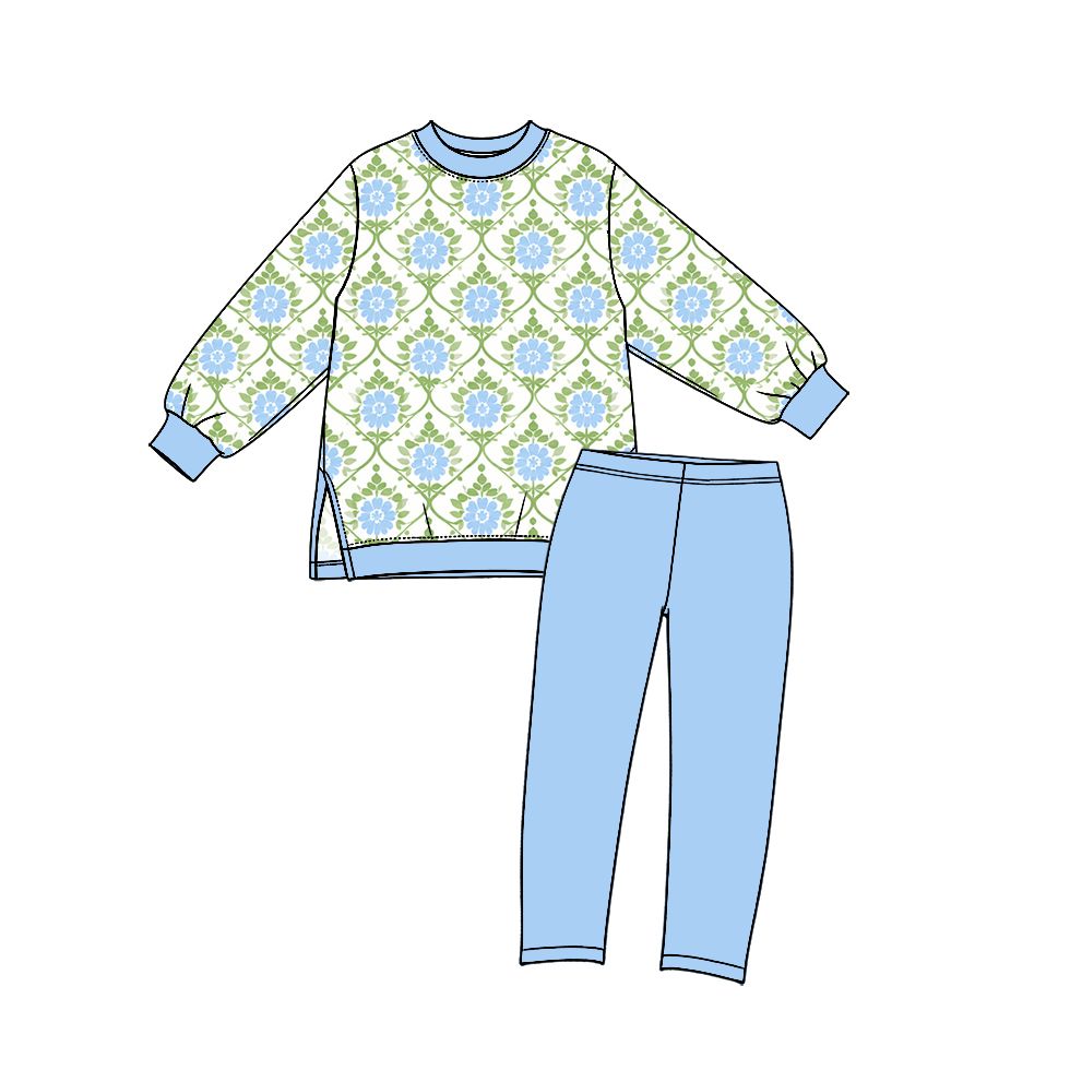 ( Moq 5 ) Preorder Baby Girls Kids Long Sleeves Flower Tops Blue Leggings Set Yoga Active Clothes