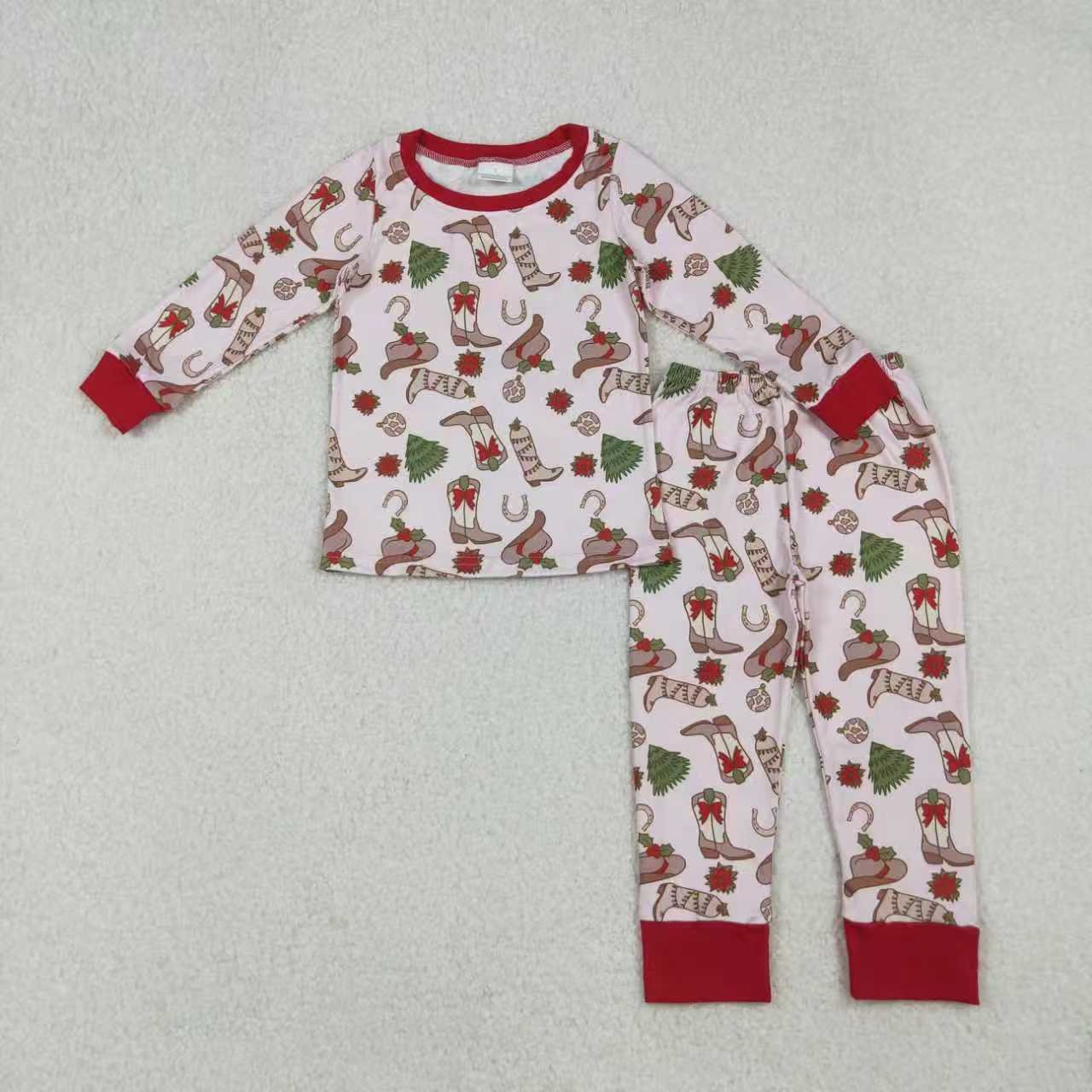 Sibling Girls Kids Long Sleeves Bows Boots Western Zipper Romper Christmas Pajamas Set RTS