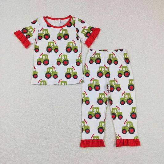 GSPO0978 Baby Girl Short Sleeves Valentine Tractors Hearts Pants Pajamas Outfit