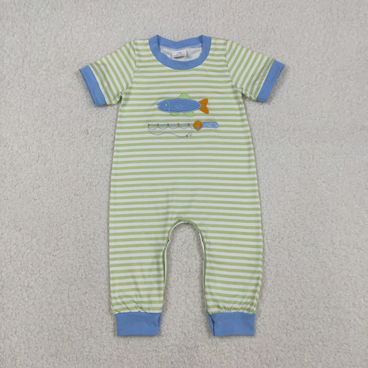 Baby Boys Short Sleeves Stripes Embroidery Fishing Buttons Romper RTS