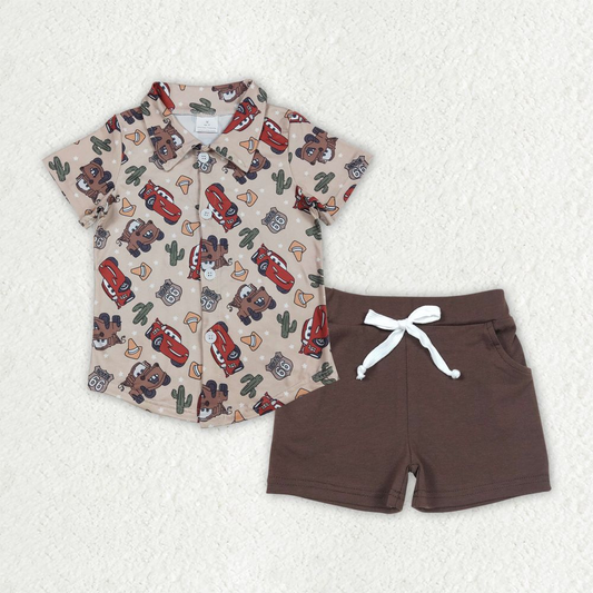 Baby Boy Short Sleeves Cars Cactus Buttons Western Shirt Brown Pockets Shorts Set RTS