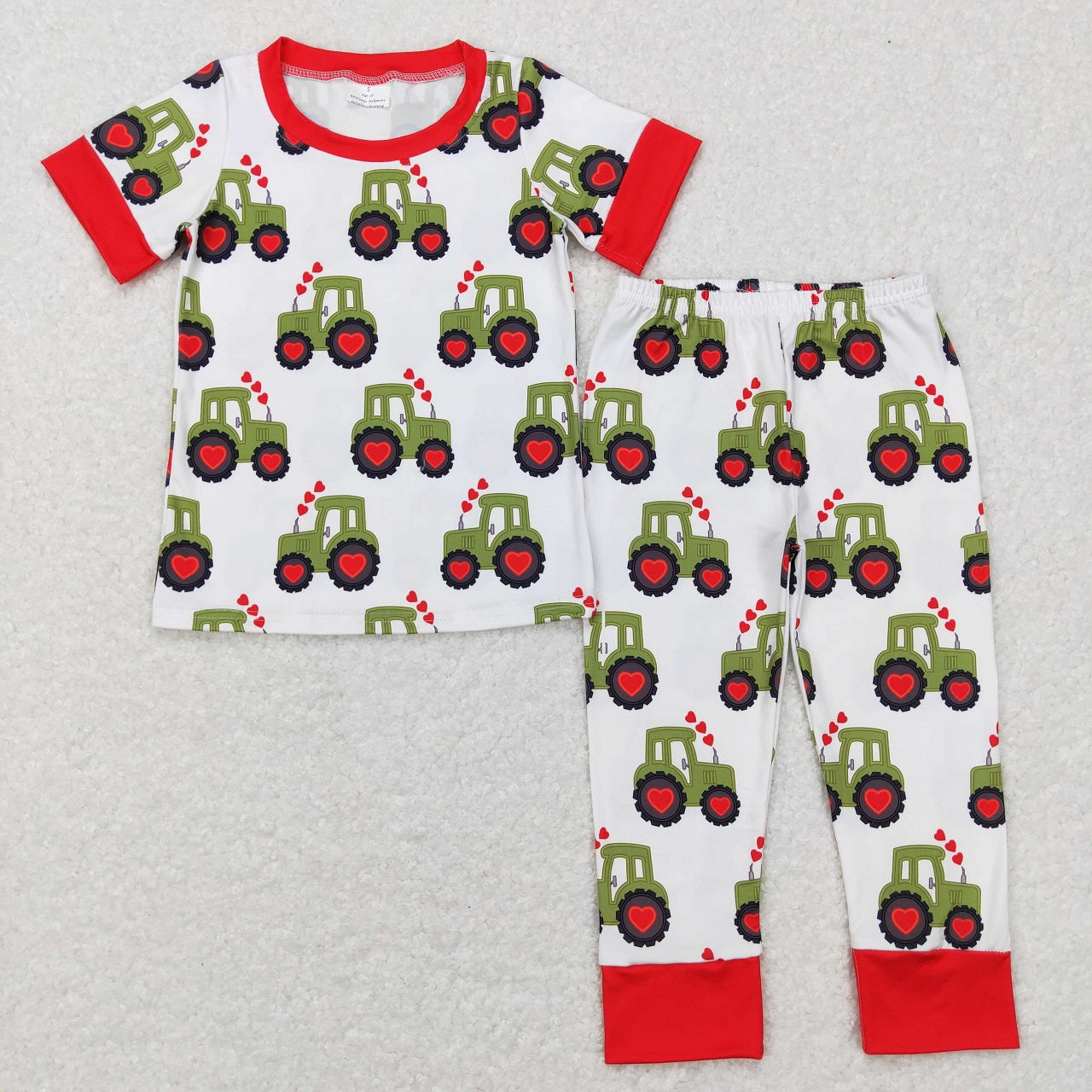GSPO0978 Baby Girl Short Sleeves Valentine Tractors Hearts Pants Pajamas Outfit