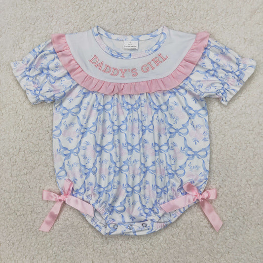 Baby Girl Infant Short Sleeves Embroidery DADDY'S GIRL Blue Bows Bubble Romper RTS