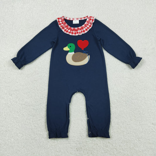 Baby Girls Infant Navy Long Sleeves Embroidery Duck Heart Valentine's Day Romper RTS