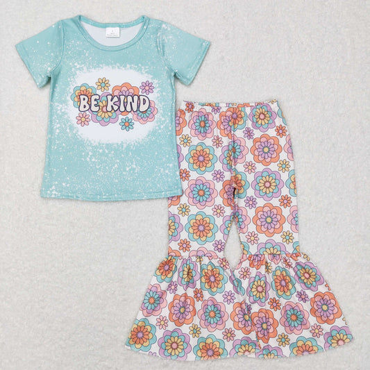 GSPO1091 Baby Girl Short Sleeves Be Kind Shirt Floral Bell Pants Set