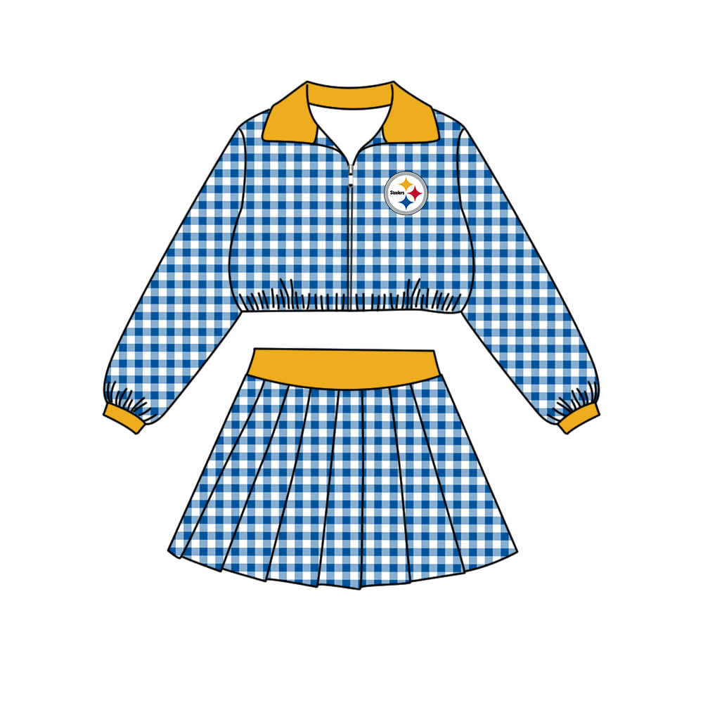 ( Moq 5 ) Baby Girls Kids Long Sleeves Plaid Zipper Tops Skirt Shorts Team Set Clothes