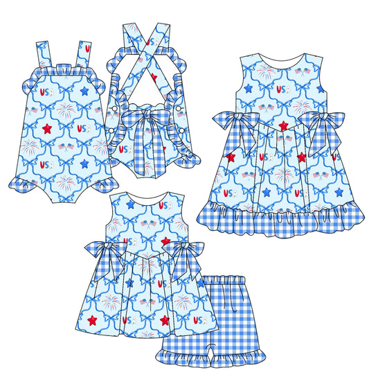Baby Girl July 4th Blue Bows Sibling Romper Dress Set ( Moq 5 Each Style ) 2.13