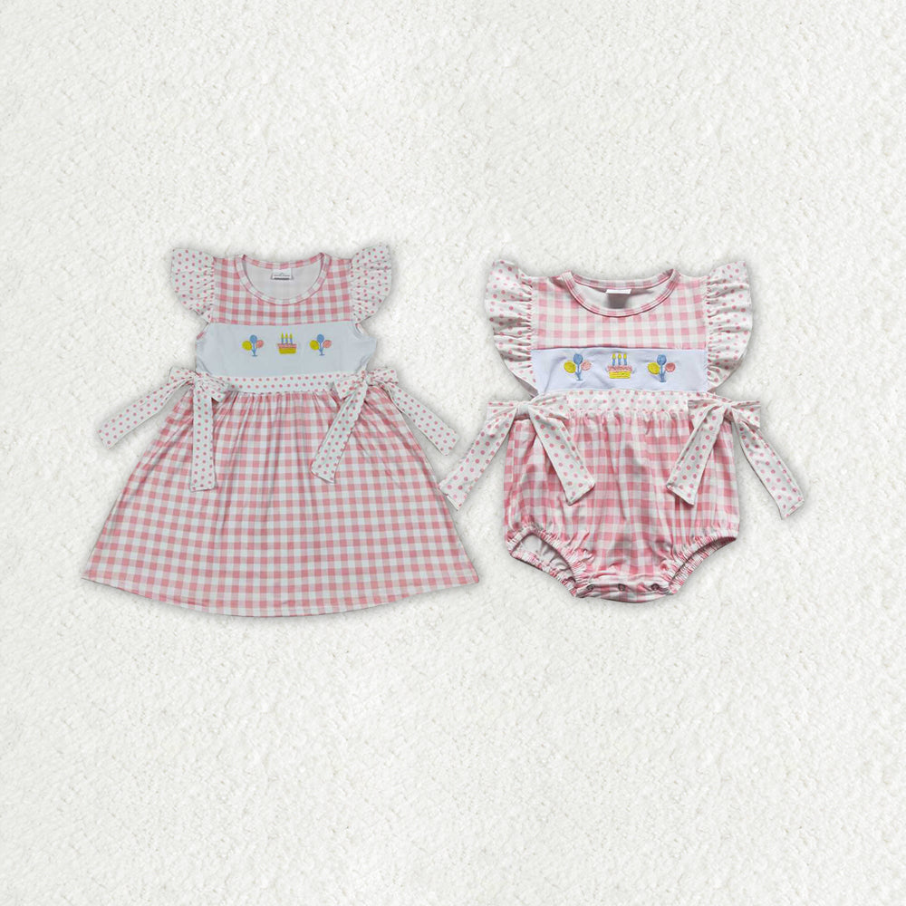 Baby Girl Short Sleeves Embroidery Birthday Bows Sibling Romper Dress