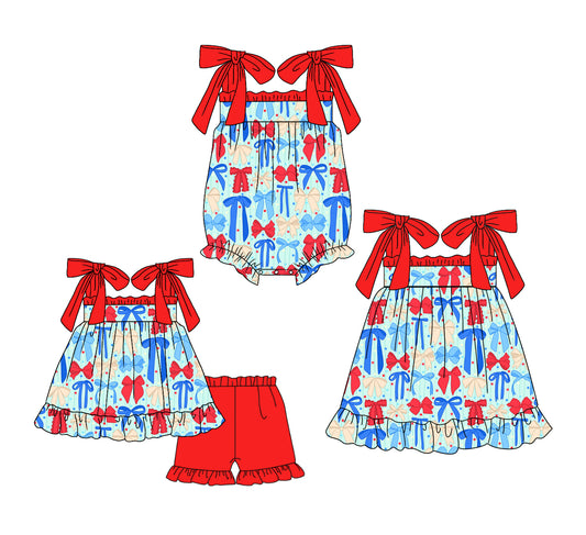 ( Moq 5 Each Style ) Baby Girls Kids Red Straps Bows 4th of July Sibling Romper Dress Set Clothes