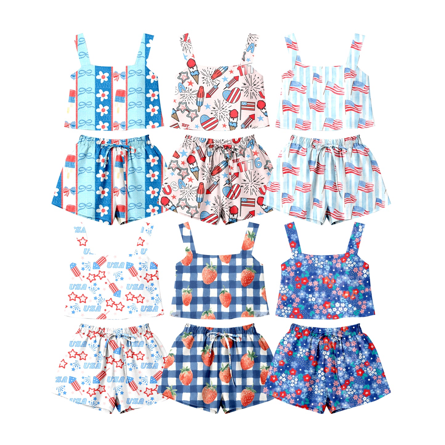 ( Moq 5 Each Style ) Sibling Baby Girls Kids Sleeveless Tops Shorts 4th of July Sets Summer Clothes