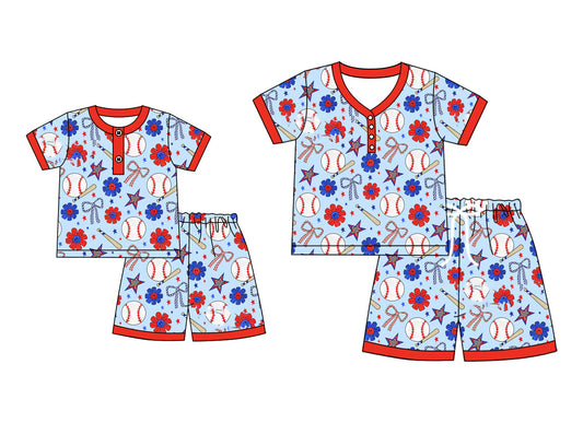 ( Moq 5 Each Style ) Baby Girl Adult Women 4th Of July Baseball Flower Bows Buttons Shorts Sibling Mommy And Me Family Pajamas Set 4.19