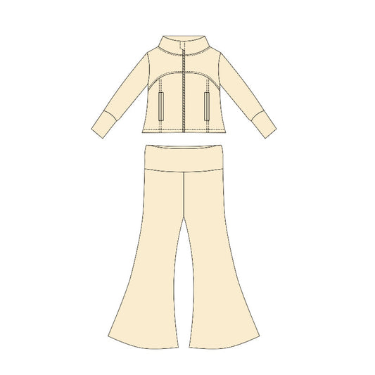 ( Moq 10 ) Baby Girl Long Sleeves Pockets Zipper Tops Bell Bottom Pants Set