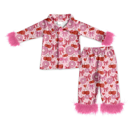 ( Moq 5 ) Baby Girls Fur Long Sleeves Bows Donuts Hearts Buttons Shirt Pants Pajamas Valentine Set