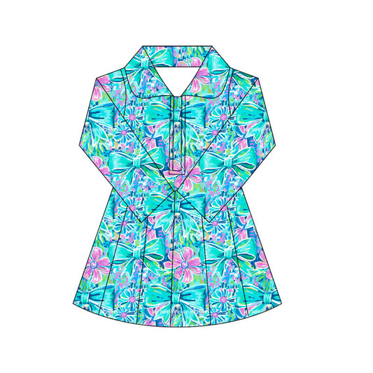 ( Moq 10 )Baby Girl Blue Bows Floral Long Sleeves Zipper Activity Wear Yoga Knee Length Dress