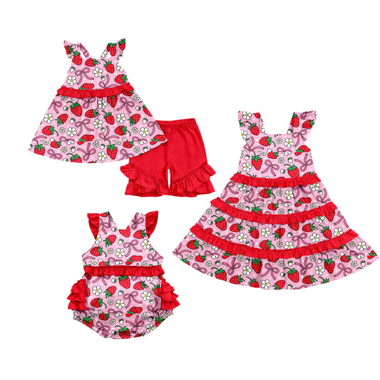 ( Moq 5 Each Style ) Baby Girls Kids Short Sleeves Strawberry Bows Flower Sibling Romper Dress Set