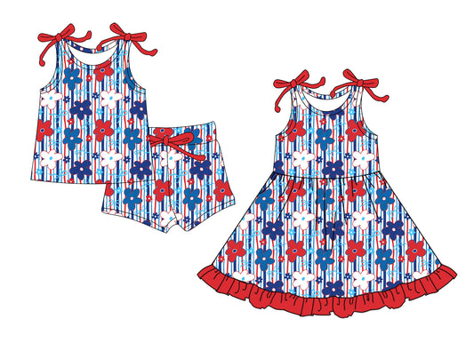 ( Moq 5 Each Style ) Baby Girls Kids Straps Flower Bows Sibling 4th of July Dress Set