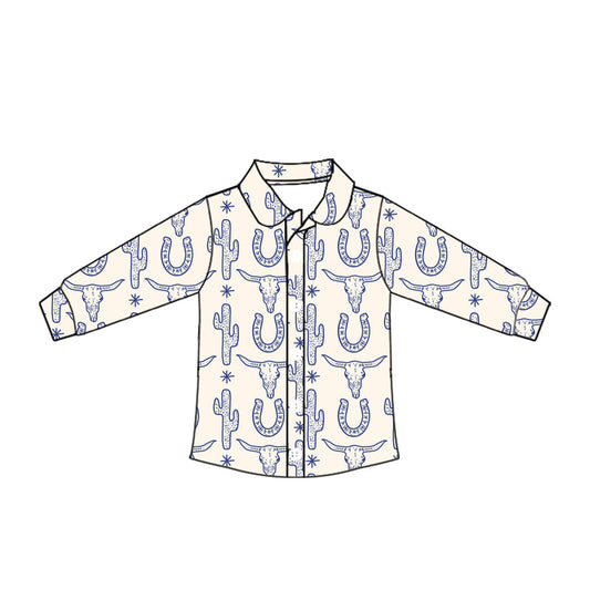 ( Moq 5 ) Baby Boy Long Sleeves Bull Skull Cactus Button Shirt Tops
