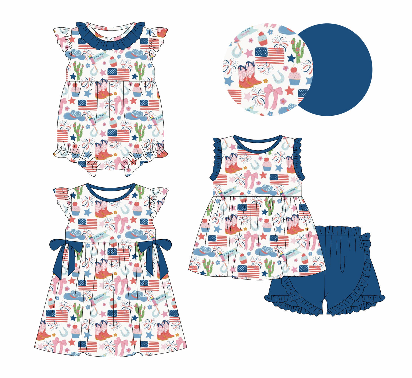Baby Girl July 4th Flags Western Sibling Romper Dress Set ( Moq 5 Each Style ) 12.28