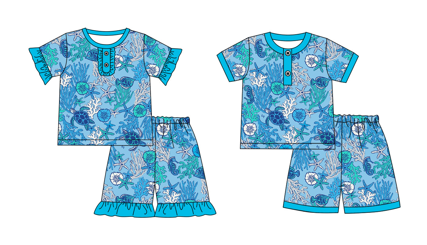 Baby Boy Girl Ocean Animals Blue Sibling Pajamas Set ( Moq 5 Each Style ) 2.12