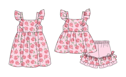 ( Moq 5 Each Style ) Baby Girls Kids Short Sleeves Flower Sibling Pink Dress Set